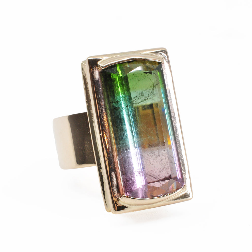 Bi-color Pink and Green Tourmaline 16.53 cts 23.61 mm Faceted Rectangle 14K Handcrafted Gemstone Ring - GGO-004 - Crystalarium
