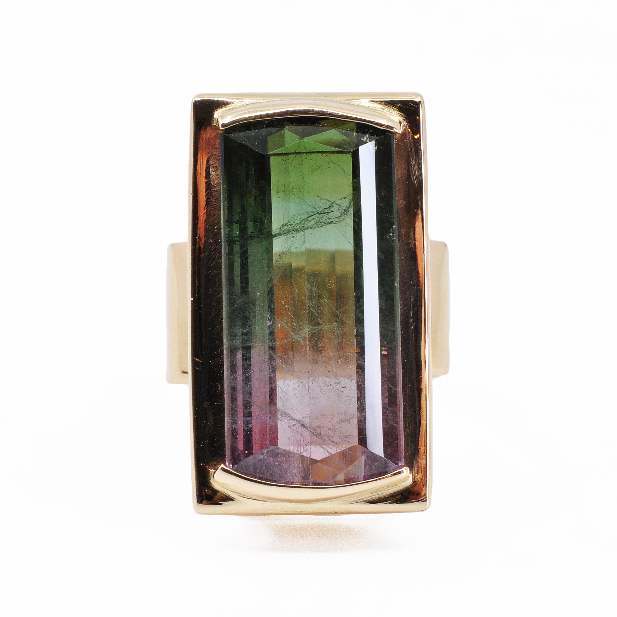 Bi-color Pink and Green Tourmaline 16.53 cts 23.61 mm Faceted Rectangle 14K Handcrafted Gemstone Ring - GGO-004 - Crystalarium