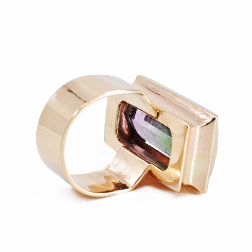 Bi-color Pink and Green Tourmaline 16.53 cts 23.61 mm Faceted Rectangle 14K Handcrafted Gemstone Ring - GGO-004 - Crystalarium