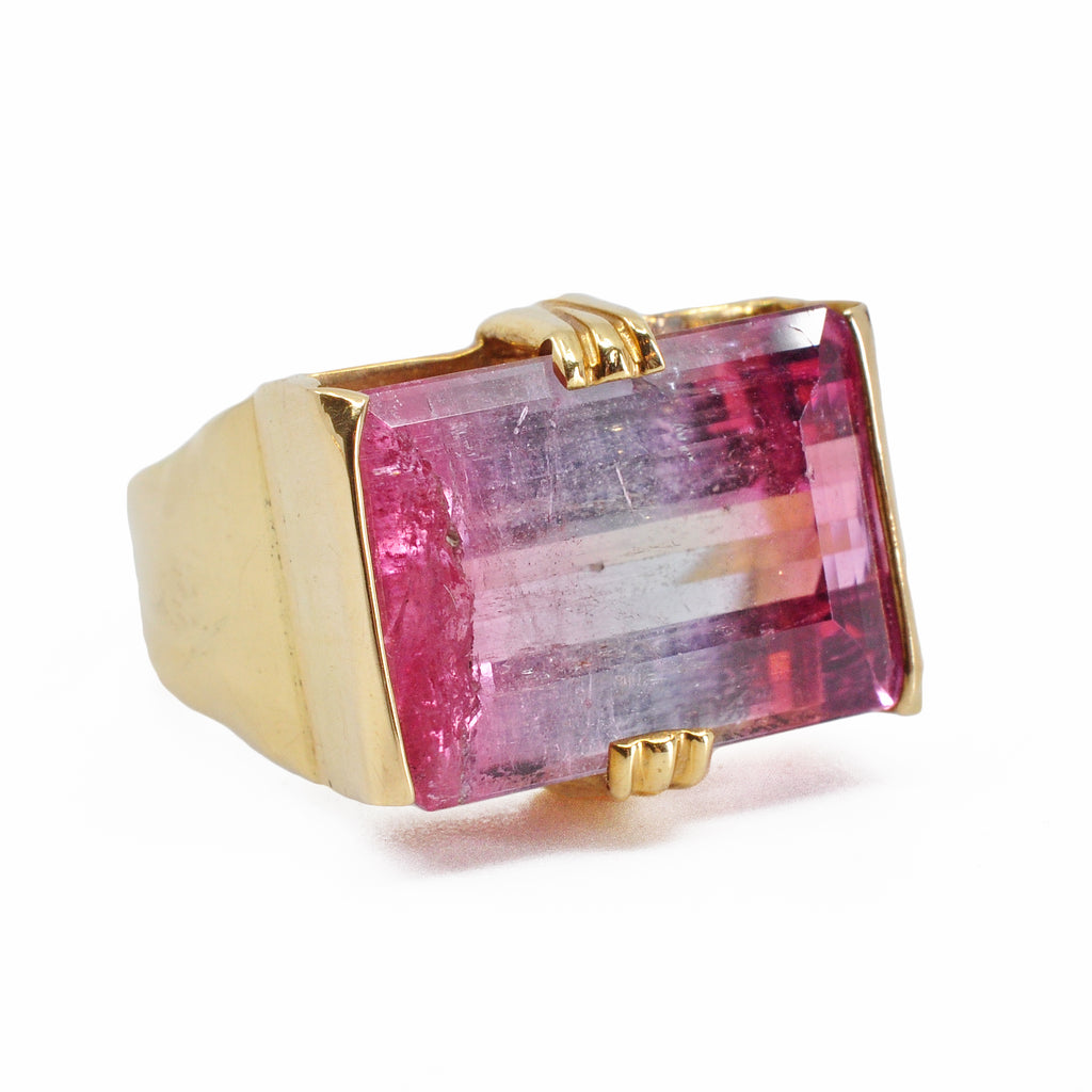 Bi-color Pink and Blue Tourmaline 17.05 mm 12.01 ct Faceted Rectangle 18K Handcrafted Gemstone Ring - XO-215 - Crystalarium