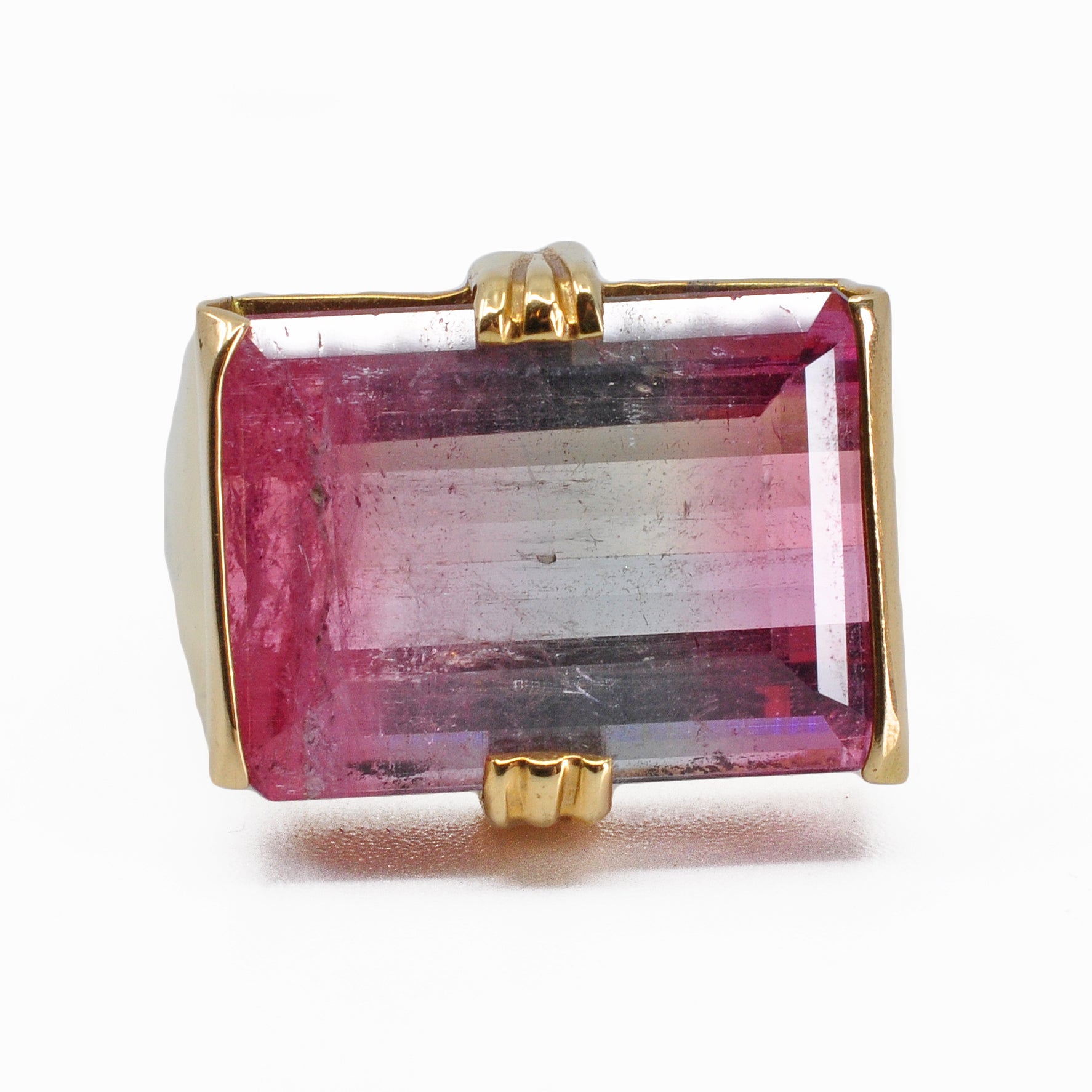 Bi-color Pink and Blue Tourmaline 17.05 mm 12.01 ct Faceted Rectangle 18K Handcrafted Gemstone Ring - XO-215 - Crystalarium