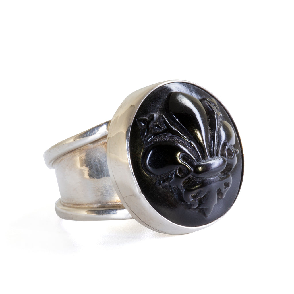 Black Quartz 24.25 carat Carved Fleur De Lis Sterling Silver Ring - YO-195 - Crystalarium