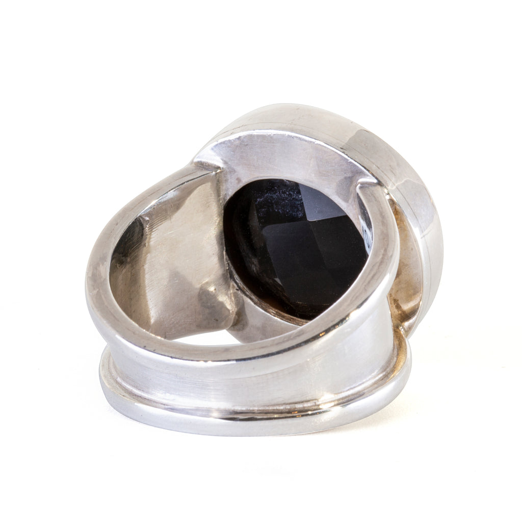 Black Quartz 24.25 carat Carved Fleur De Lis Sterling Silver Ring - YO-195 - Crystalarium