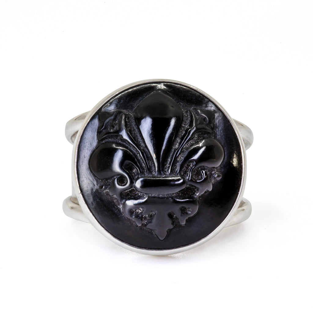 Black Quartz 24.25 carat Carved Fleur De Lis Sterling Silver Ring - YO-195 - Crystalarium